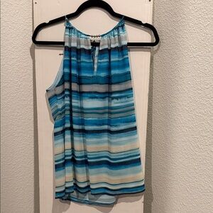 White House Black Market Aqua and Cream Striped Blouse